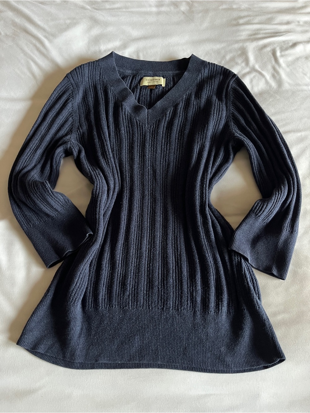 Sonoma Life + Style M Navy Blue 100% Cotton Ribbed V-Neck Sweater Top 🛍️